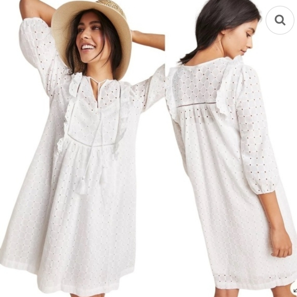 Anthropologie Thames White Eyelet Cotton Dress Pouf Sleeves -10-